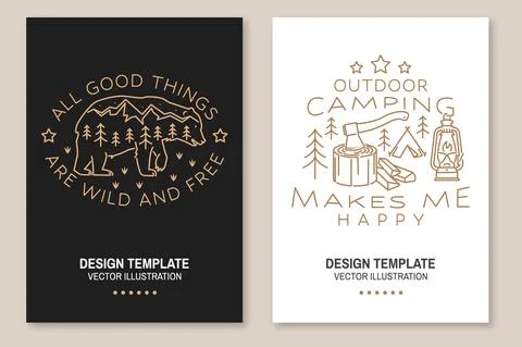Set of camping template. Vector. Line art flyer, brochure, banner, poster with Illustrazione stock