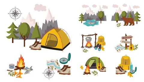 Set of camping theme compositions in cartoon flat style with fireplace, ten.. Stock Illustration