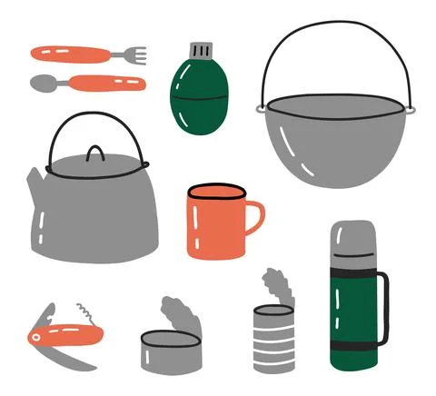 Set of camping utensils Stock Illustration