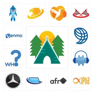 Set of campsite, alpha, afro, auto glass, mercedes, audio visual, who, wire g Illustrazione stock gratuita