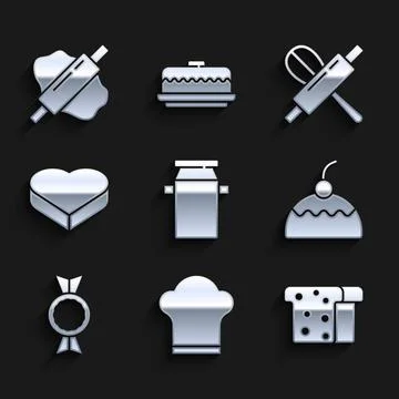 Set Can container for milk, Chef hat, Bread toast, Cake, Candy, heart shaped box Stock Illustration