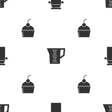 Set Can container for milk, Measuring cup and Cake on seamless pattern. Vector Illustrazione stock