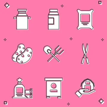 Set Can container for milk, Paper package, Fertilizer bag, Potato, Shovel and Stock Illustration