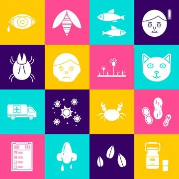 Set Can container for milk, Peanut, Pet, Fish, Inflammation face, Parasite mite Stock Illustration