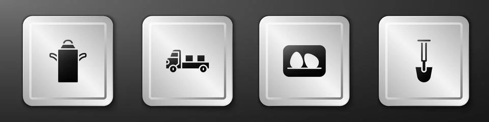 Set Can container for milk, Pickup truck, Chicken egg and Shovel icon. Silver 스톡 일러스트