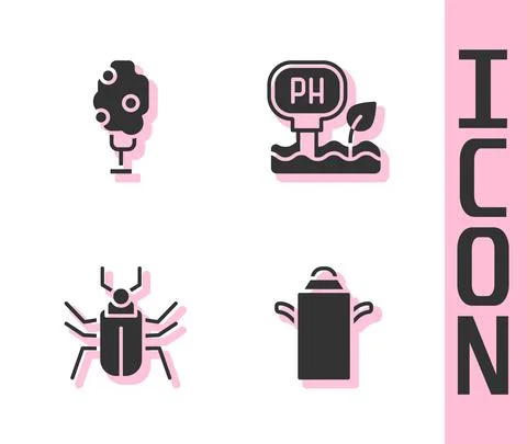 Set Can container for milk, Tree with apple, Insect fly and Soil ph testing icon 스톡 일러스트