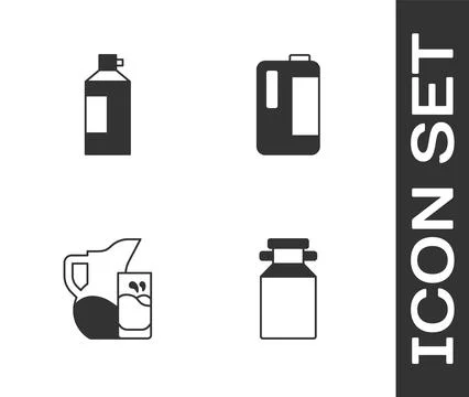 Set Can container for milk, Whipped cream bottle, Milk jug pitcher and glas.. Illustration