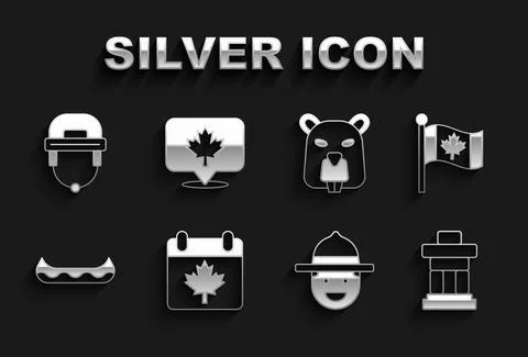 Set Canada day with maple leaf, Flag of, Inukshuk, Canadian ranger hat, Kayak Stock Illustration
