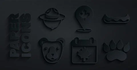 Set Canada day with maple leaf, Kayak, Bear head, paw footprint, Canadian and イラスト素材