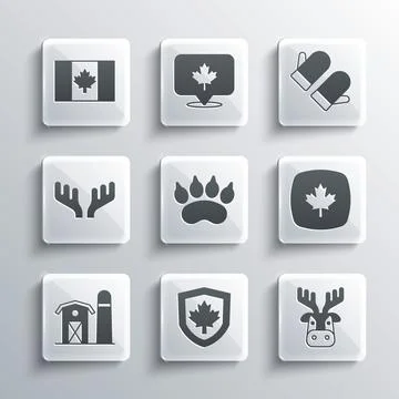 Set Canada flag on shield, Deer head with antlers, Canadian maple leaf, Bear paw イラスト素材