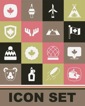 Set Canada map, Canadian maple leaf, Flag of, Wind turbine, Deer antlers, flag Stock Illustration