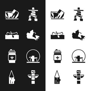 Set Canada map, Kayak or canoe, Royal Ontario museum, Inukshuk, Coffee cup .. Ilustración de archivo