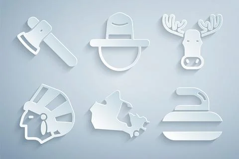Set Canada map, Moose head with horns, Native American Indian, Stone for curling Stock Illustration