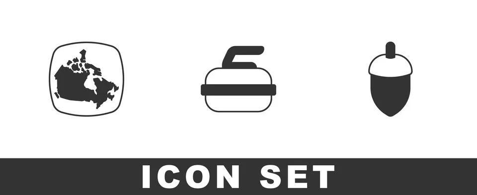 Set Canada map, Stone for curling and Acorn icon. Vector Illustrazione stock