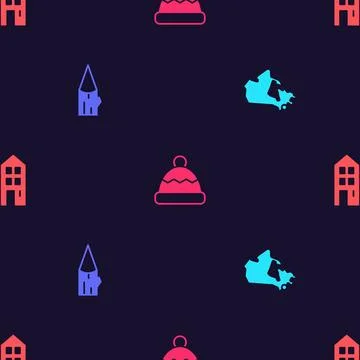 Set Canada map, Wooden log, Beanie hat and House on seamless pattern. Vector Illustrazione stock