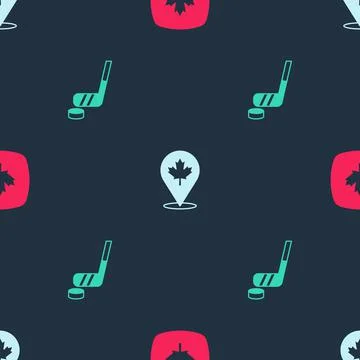 Set Canadian maple leaf, and Ice hockey stick and puck on seamless pattern 스톡 일러스트