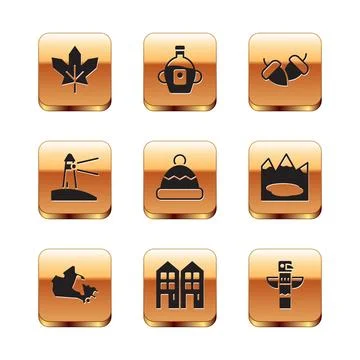Set Canadian maple leaf, Canada, House, Beanie hat, Lighthouse, Acorn, totem Stock Illustration