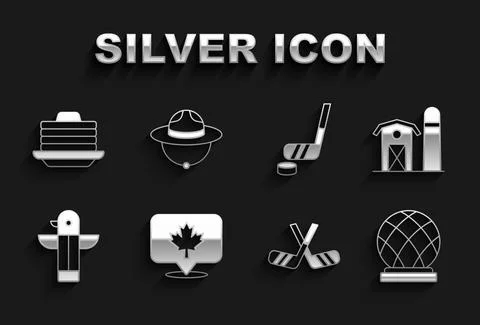 Set Canadian maple leaf, Farm house, Montreal Biosphere, Ice hockey sticks Stock Illustration