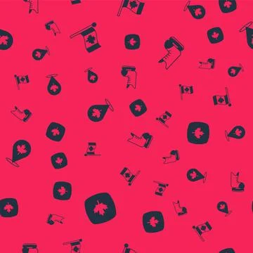 Set Canadian maple leaf, Flag of Canada,  and Skates on seamless pattern. Vec Stock Illustration