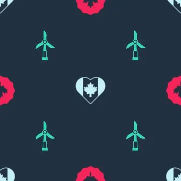 Set Canadian maple leaf, Heart shaped Canada flag and Wind turbine on seamless 스톡 일러스트