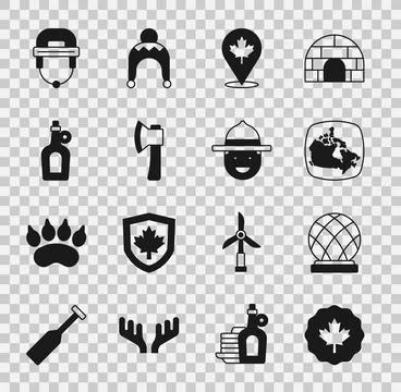 Set Canadian maple leaf, Montreal Biosphere, Canada, Wooden axe, Bottle of syrup Stock Illustration