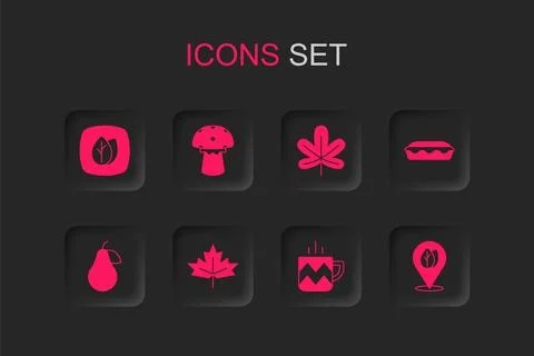 Set Canadian maple leaf, Mushroom, Leaf, Cup of tea, Homemade pie, Location.. Stock Illustration