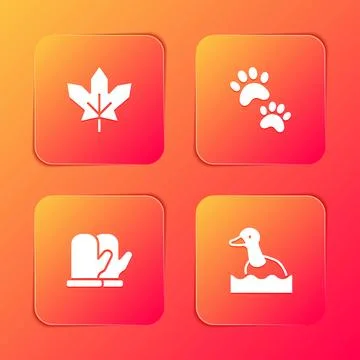 Set Canadian maple leaf, Paw print, Christmas mitten and Flying duck icon イラスト素材