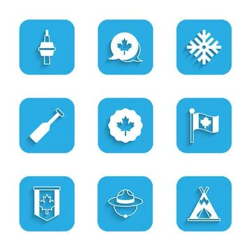 Set Canadian maple leaf, ranger hat, Indian teepee or wigwam, Flag of Canada Illustrazione stock