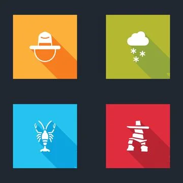 Set Canadian ranger hat, Cloud with snow, Lobster and Inukshuk icon. Vector Stock Illustration