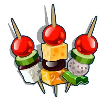 Set of Canape. Cheese cubes, olives and tomatoes isolated on white background Stock Illustration