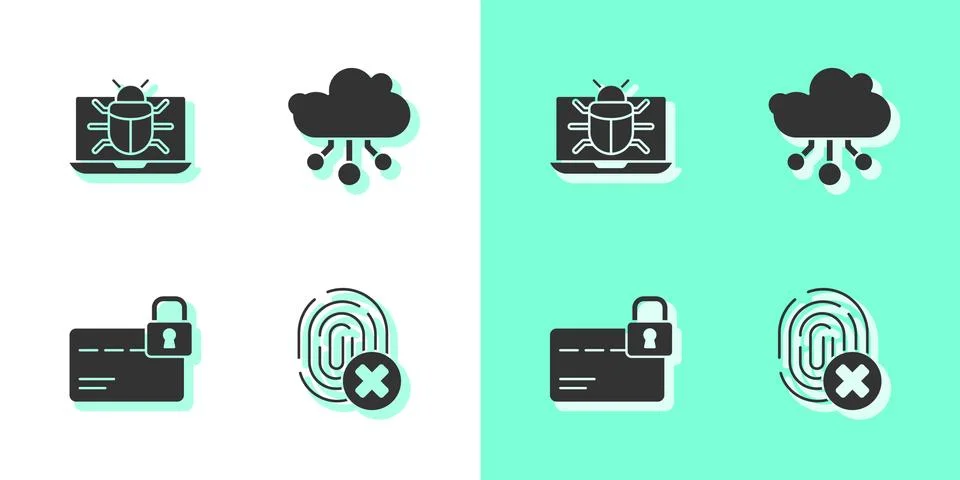 Set Cancelled fingerprint, System bug on monitor, Credit card with lock and 스톡 일러스트