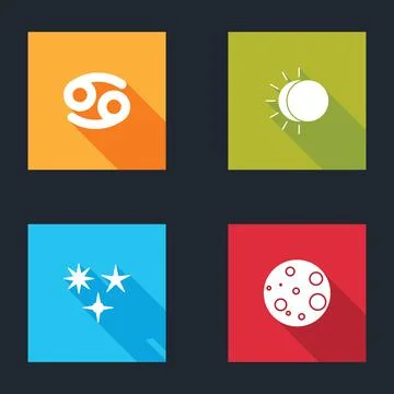 Set Cancer zodiac, Eclipse of the sun, Falling star and Moon icon. Vector 스톡 일러스트