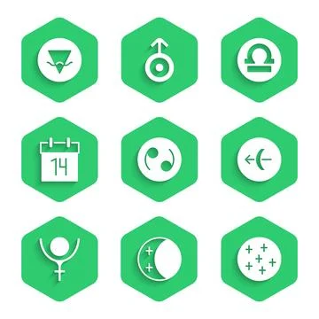 Set Cancer zodiac, Eclipse of the sun, Full moon, Sagittarius, Symbol Pluto.. Ilustração Stock