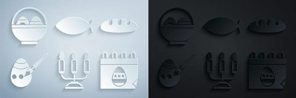 Set Candelabrum with candlesticks, Bread loaf, Easter egg paint brush, Calendar Stock Illustration