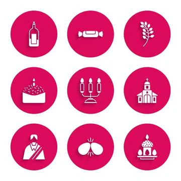 Set Candelabrum with candlesticks, Easter eggs, cake, Church building, Jesus Ilustración de archivo