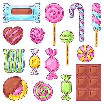 Set of candies and sweets. Background for confectionery or candy shop. Illustrazione stock
