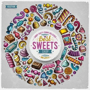 Set of Candies cartoon doodle objects. Round frame card design Stock Illustration