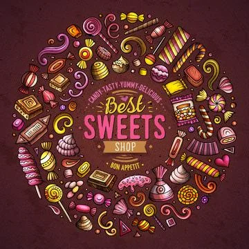 Set of Candies cartoon doodle objects. Round frame card design イラスト素材