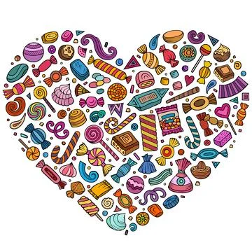 Set of Candies cartoon doodle objects. Heart form composition Stock Illustration
