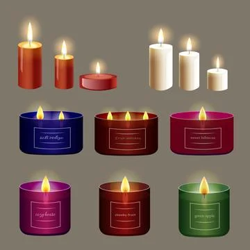 Set of candles of different shapes and forms vector realism in a glass jar ar イラスト素材