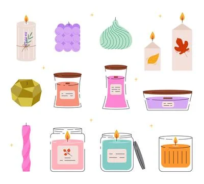 Set candles. Flat vector collection of decorative scented candles in jars Stock Illustration