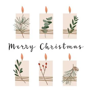 Set of candles with nature elements: spruce, eucalyptus, twig, berries. Aroma Stock Illustration