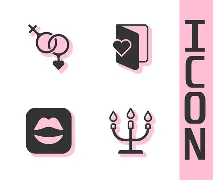Set Candlestick, Gender, Smiling lips and Valentines day flyer icon. Vector Stock Illustration