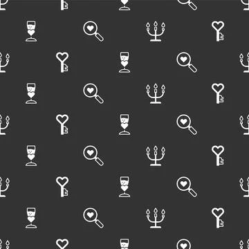 Set Candlestick, Key in heart shape, Glass of champagne and Search love on .. Stock Illustration