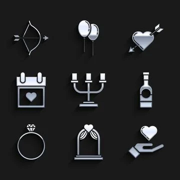 Set Candlestick, Wedding arch, Heart on hand, Champagne bottle, Diamond eng.. Stock Illustration