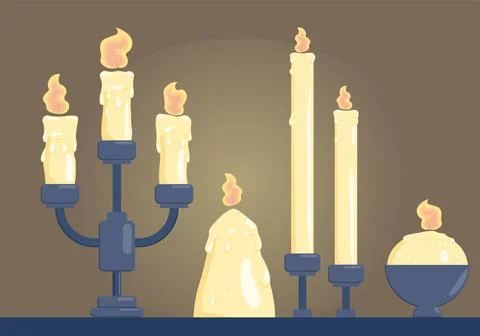Set of candlesticks. Candleholders with burning candles. Elements of decor and Illustrazione stock