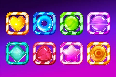 Set of candy app icons, game ui square buttons, cartoon lollipop menu interfa Stock Illustration