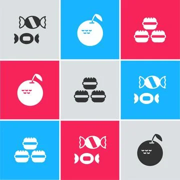 Set Candy, Apple and Macaron cookie icon. Vector Stock Illustration