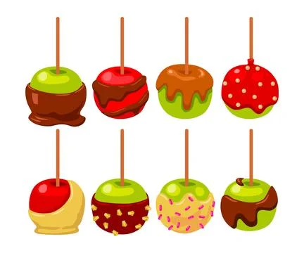Set of candy apple coated by sweet caramel, white and dark chocolate, flat .. Stock Illustration