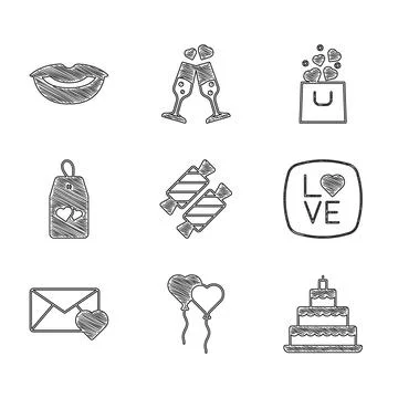 Set Candy, Balloons in form of heart, Wedding cake, Love text, Envelope with 스톡 일러스트